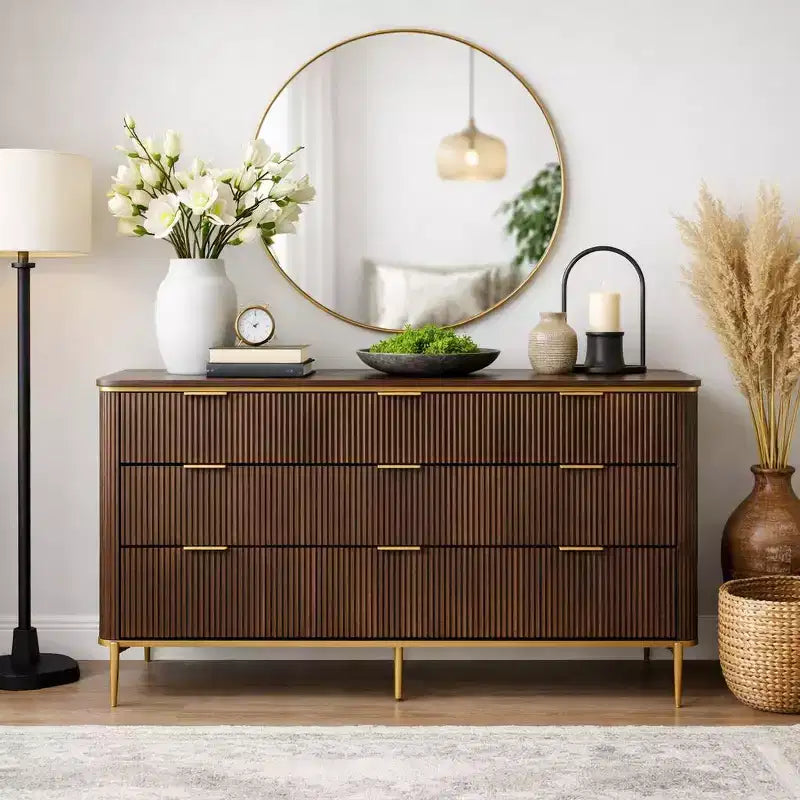SinCiDo Fluted 7 Drawer Modern Dresser, 54 Wide Dresser TV Stand with Gold Accents, Wood Storage Organizer for Bedroom, Living Room