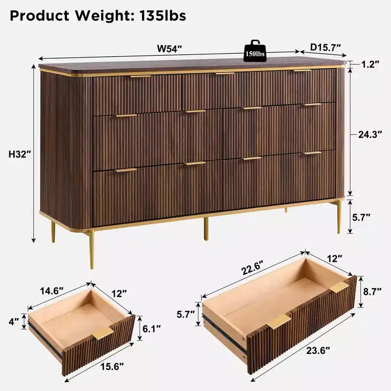 Fluted 7-Drawer Modern Dresser, 54" Wide TV Stand with Gold Accents, Wood Storage Organizer for Bedroom & Living Room