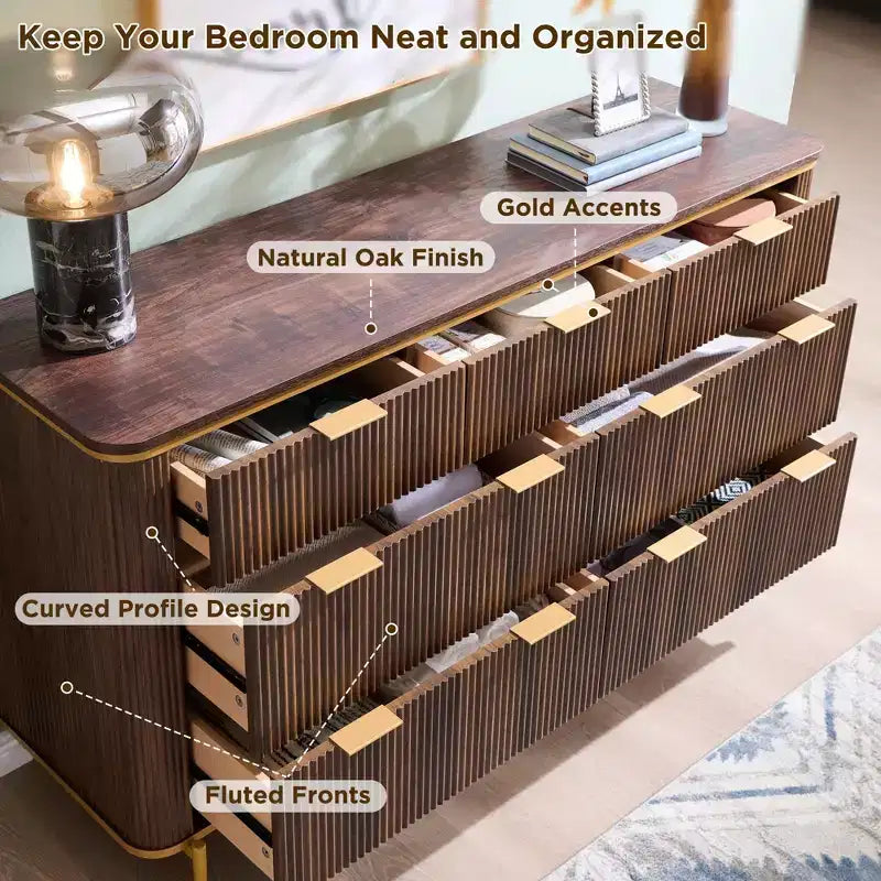 Fluted 7-Drawer Modern Dresser, 54" Wide TV Stand with Gold Accents, Wood Storage Organizer for Bedroom & Living Room
