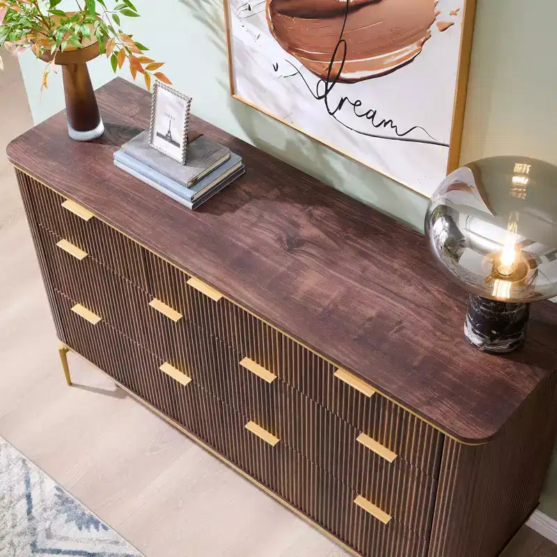 Fluted 7-Drawer Modern Dresser, 54" Wide TV Stand with Gold Accents, Wood Storage Organizer for Bedroom & Living Room