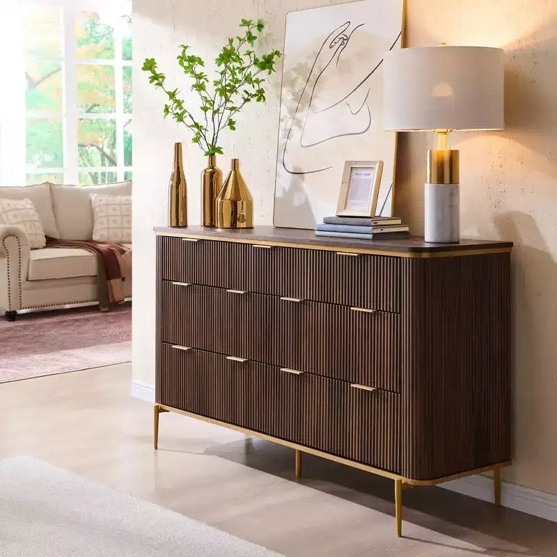Fluted 7-Drawer Modern Dresser, 54" Wide TV Stand with Gold Accents, Wood Storage Organizer for Bedroom & Living Room