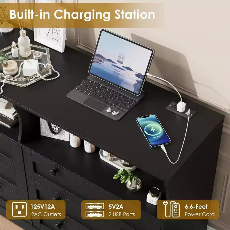 6-Drawer Dresser with LED Lights and Built-in Power Outlet