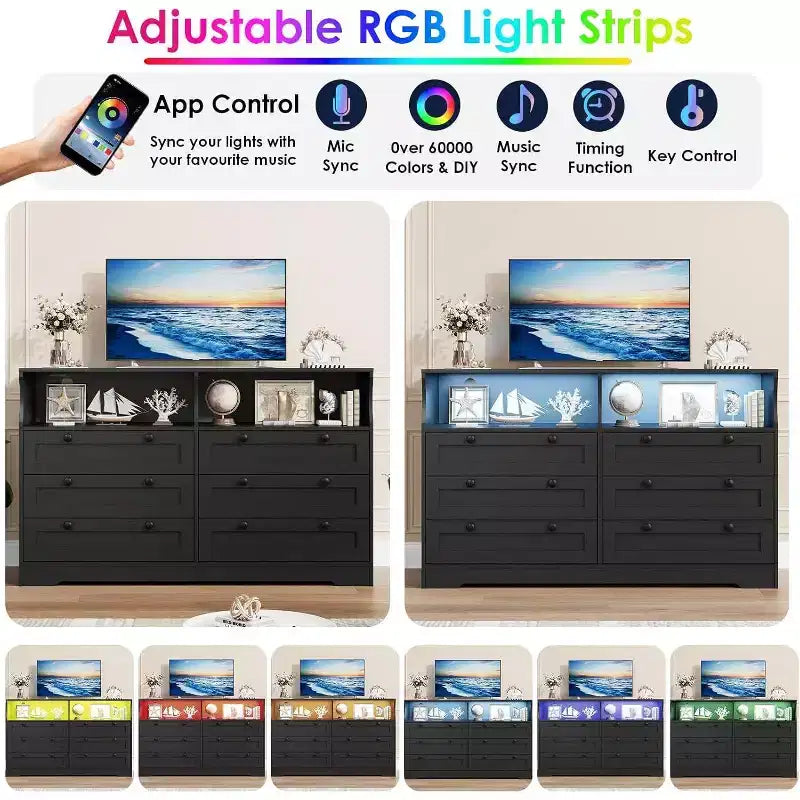 6-Drawer Dresser with LED Lights and Built-in Power Outlet