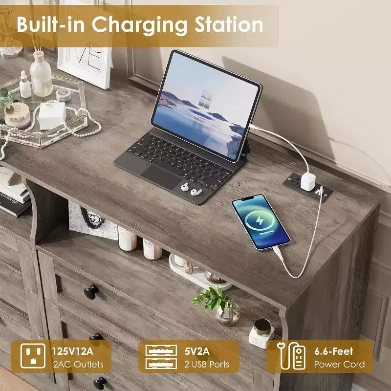 6-Drawer Dresser with LED Lights and Built-in Power Outlet