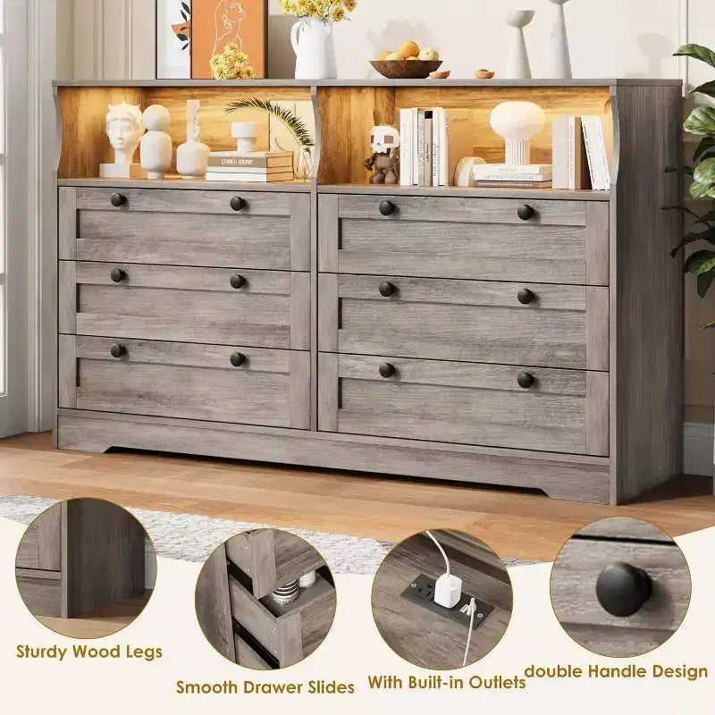 6-Drawer Dresser with LED Lights and Built-in Power Outlet