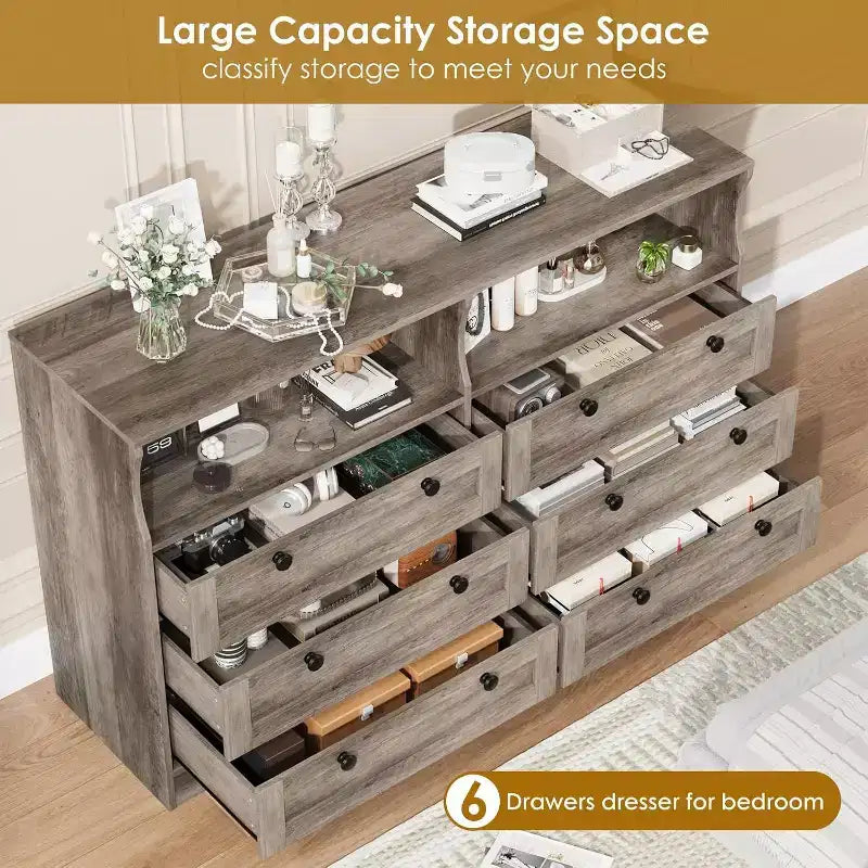 6-Drawer Dresser with LED Lights and Built-in Power Outlet