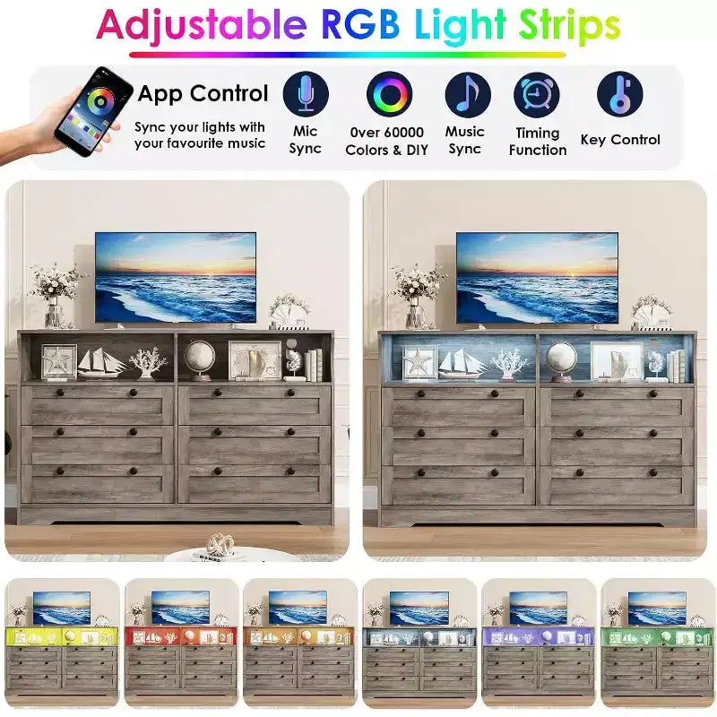6-Drawer Dresser with LED Lights and Built-in Power Outlet