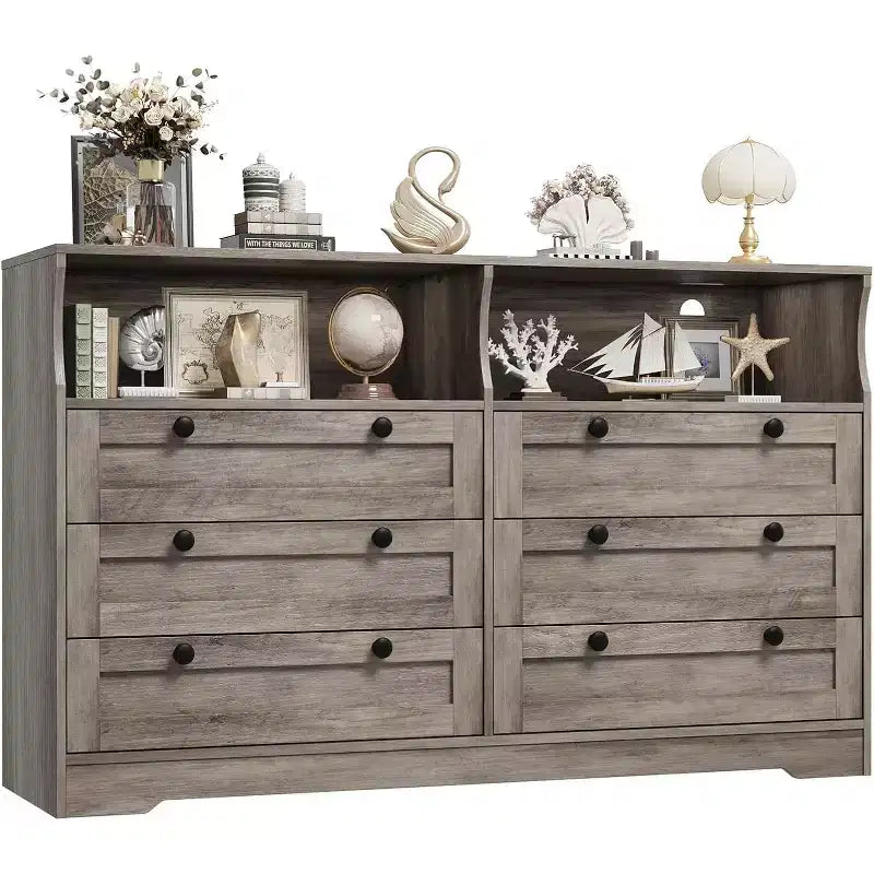 Dresser with 6 Drawers, Modern Wooden Chest of Drawers Storage with LED Lights for Bedroom, Living Room, Closet and Entryway