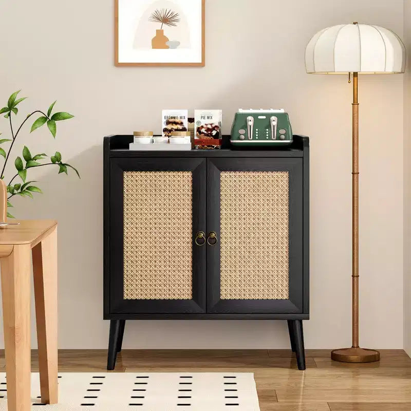 Sideboard Buffet Cabinet with Natural Rattan Decorated Doors