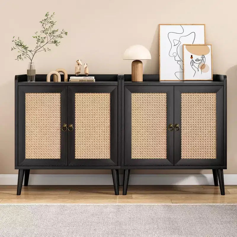 Sideboard Buffet Cabinet with Natural Rattan Decorated Doors