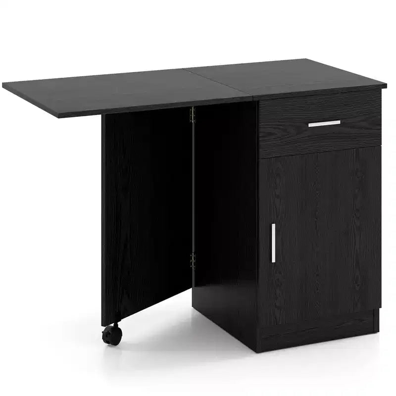 Folding Computer Desk with Drawer Cabinet & Adjustable Shelf Wheel for Living Room, Black/White