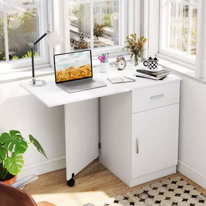 Folding Computer Desk with Drawer Cabinet & Adjustable Shelf Wheel for Living Room, Black/White