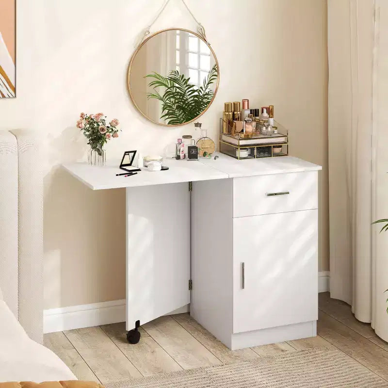 Folding Computer Desk with Drawer Cabinet & Adjustable Shelf Wheel for Living Room, Black/White