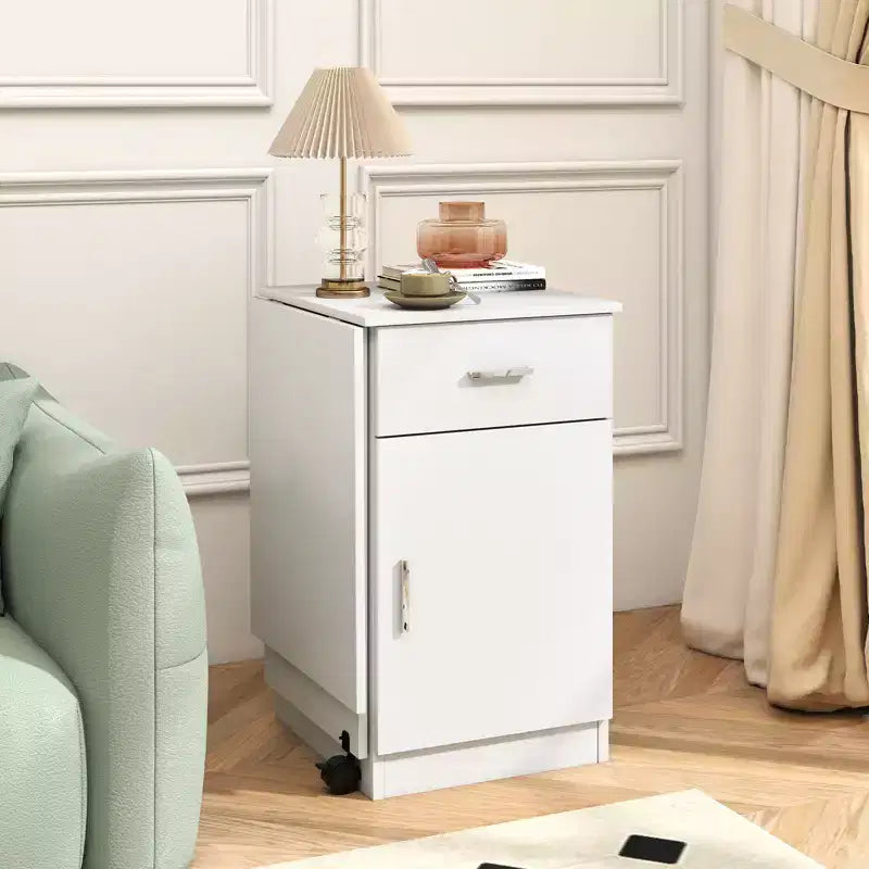 Folding Computer Desk with Drawer Cabinet & Adjustable Shelf Wheel for Living Room, Black/White