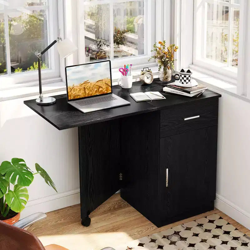 Folding Computer Desk with Drawer Cabinet & Adjustable Shelf Wheel for Living Room, Black/White