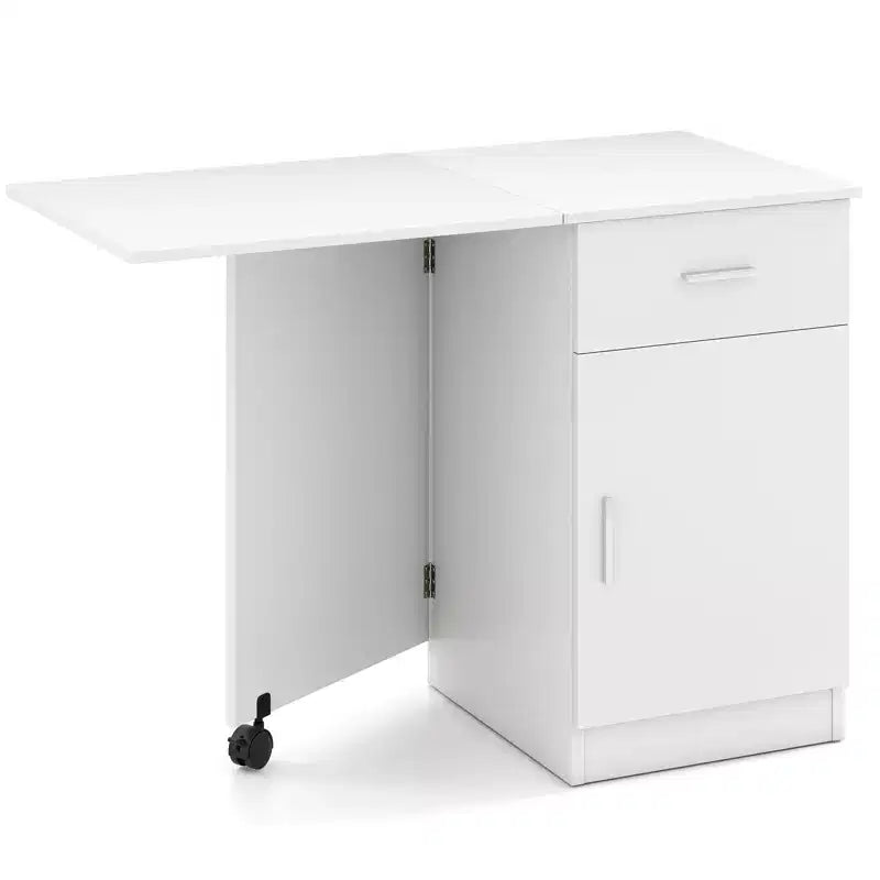 Folding Computer Desk with Drawer Cabinet & Adjustable Shelf Wheel for Living Room, Black/White