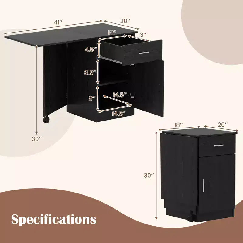 Folding Computer Desk with Drawer Cabinet & Adjustable Shelf Wheel for Living Room, Black/White
