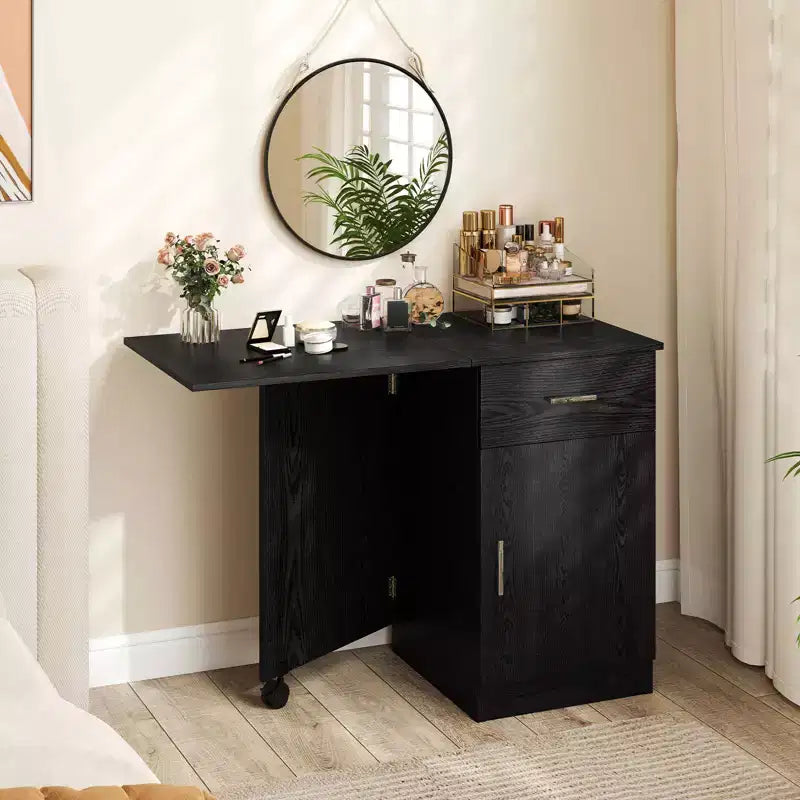 Folding Computer Desk with Drawer Cabinet & Adjustable Shelf Wheel for Living Room, Black/White