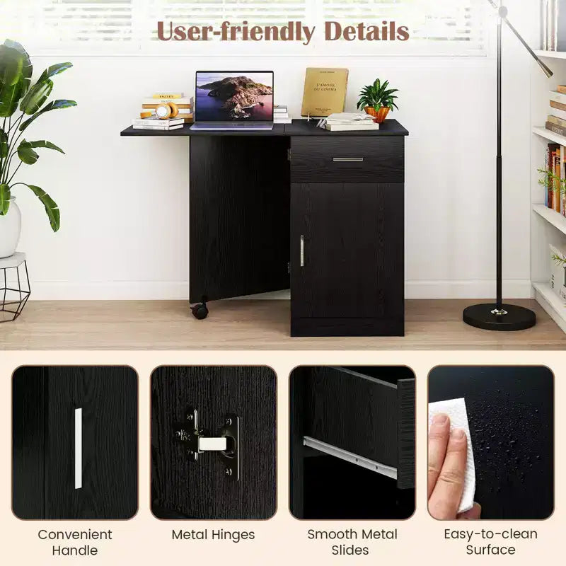 Folding Computer Desk with Drawer Cabinet & Adjustable Shelf Wheel for Living Room, Black/White