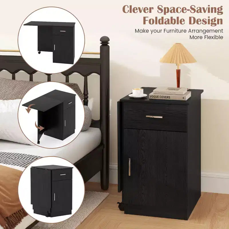 Folding Computer Desk with Drawer Cabinet & Adjustable Shelf Wheel for Living Room, Black/White