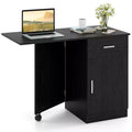 Costway Folding Computer Desk with Drawer Cabinet & Adjustable Shelf Wheel for Living Room, Black/White