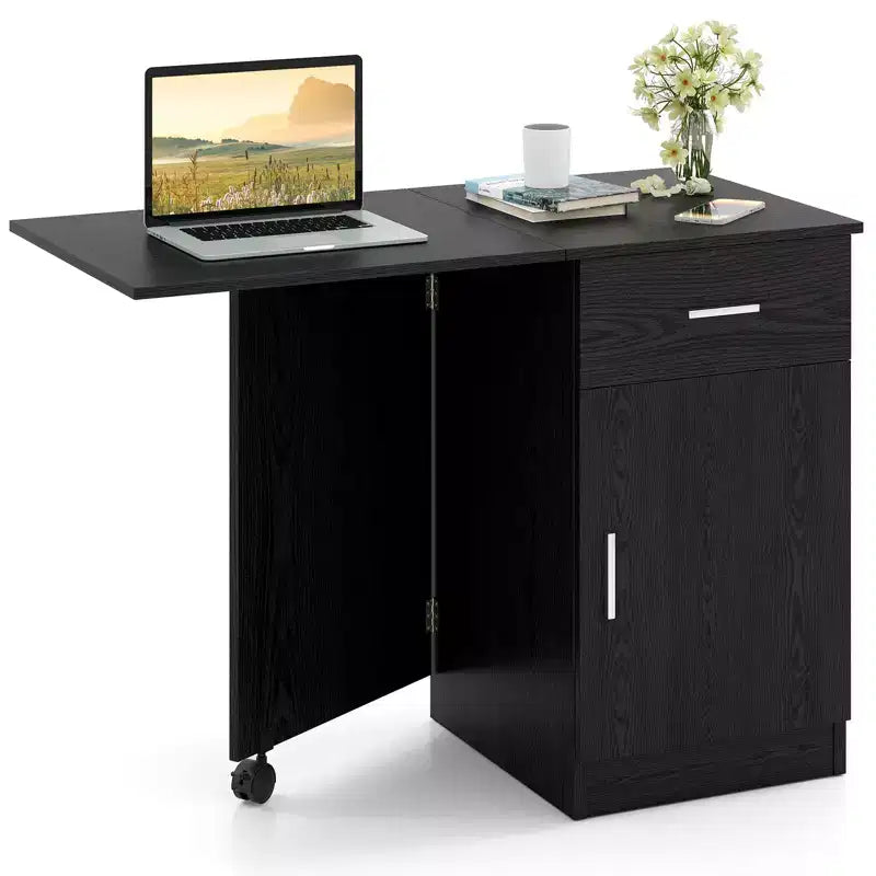 Costway Folding Computer Desk with Drawer Cabinet & Adjustable Shelf Wheel for Living Room, Black/White