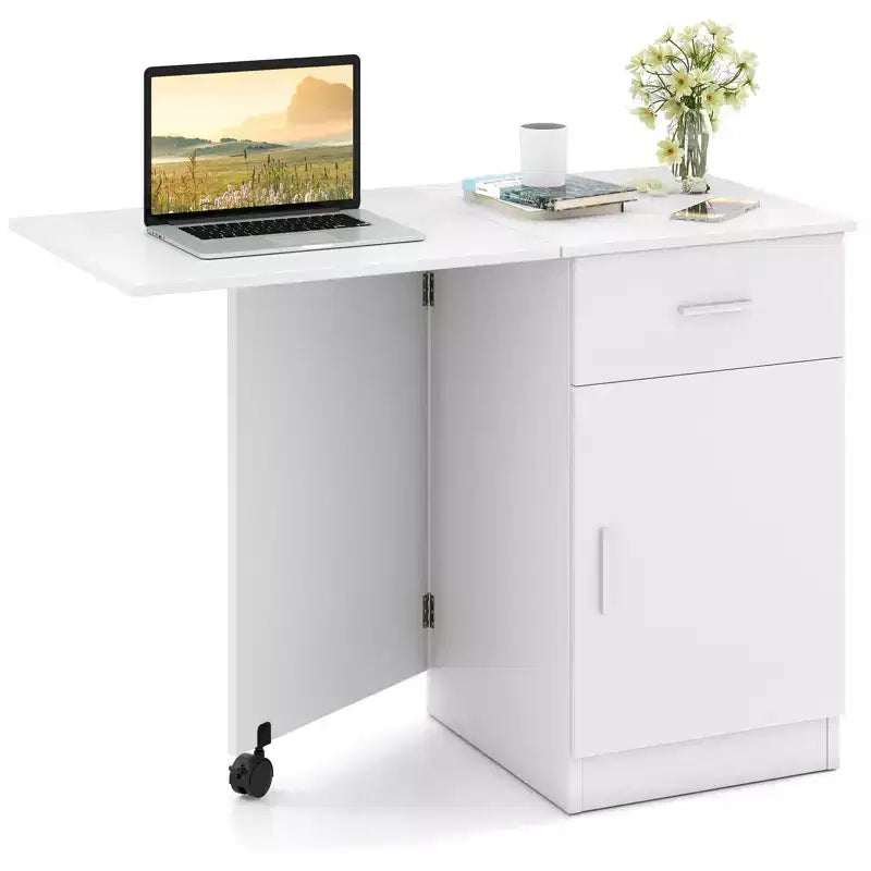 Folding Computer Desk with Drawer Cabinet & Adjustable Shelf Wheel for Living Room, Black/White