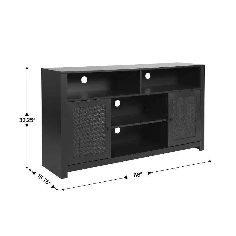 58" Mid-Century Modern Four Door Buffet TV Stand with Shelving, Fits TVs up to 65"