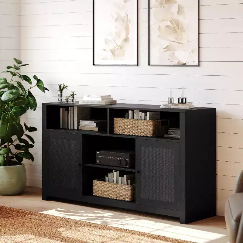 58" Mid-Century Modern Four Door Buffet TV Stand with Shelving, Fits TVs up to 65"