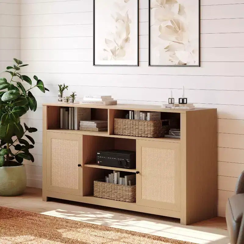 Merrick Lane 58 Mid-Century Modern Four Door Buffet, TV Stand with Shelving Fits Tv's up to 65