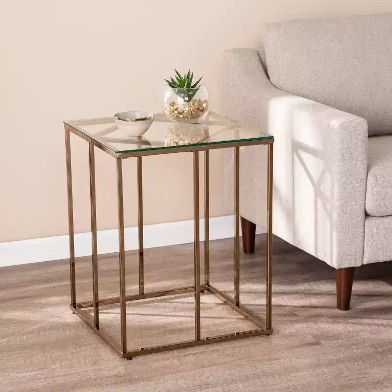 Contemporary End Table with Glass Top - Champagne