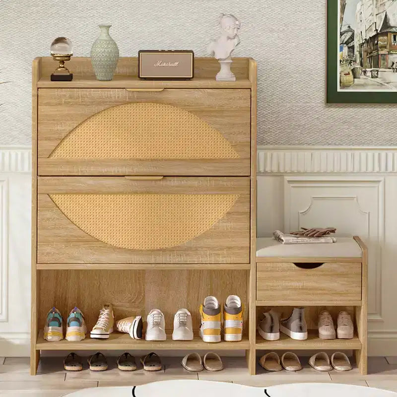 MAYEERTY Shoe Storage Cabinet Rattan with 2 Flip Drawers a Storage Drawer and a Bench for Entryway and Hallway Light Brown