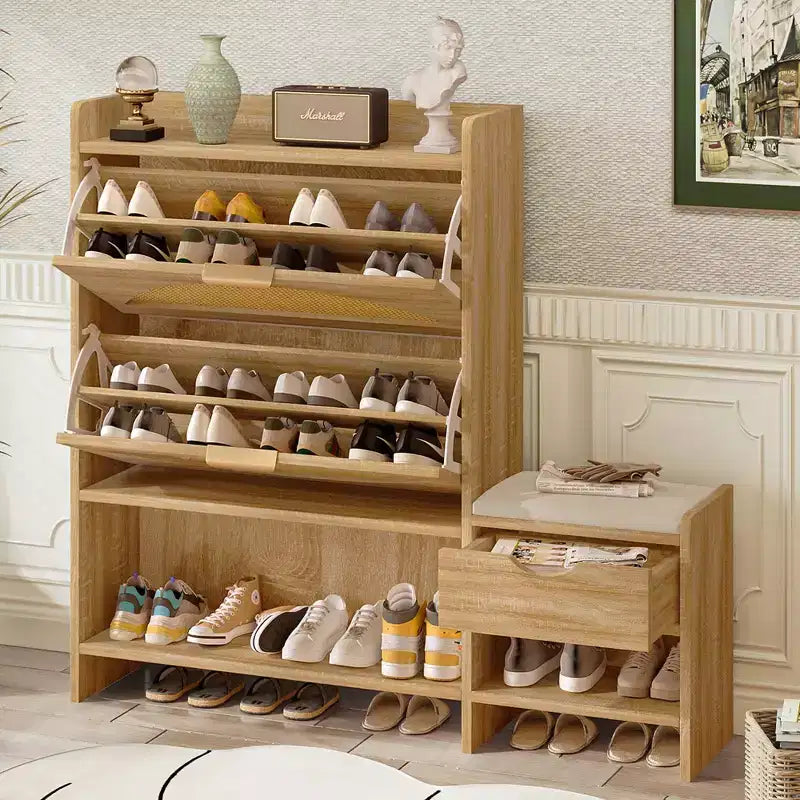 Shoe Storage Cabinet Rattan with 2 Flip Drawers, Storage Drawer and Bench for Entryway and Hallway, Light Brown