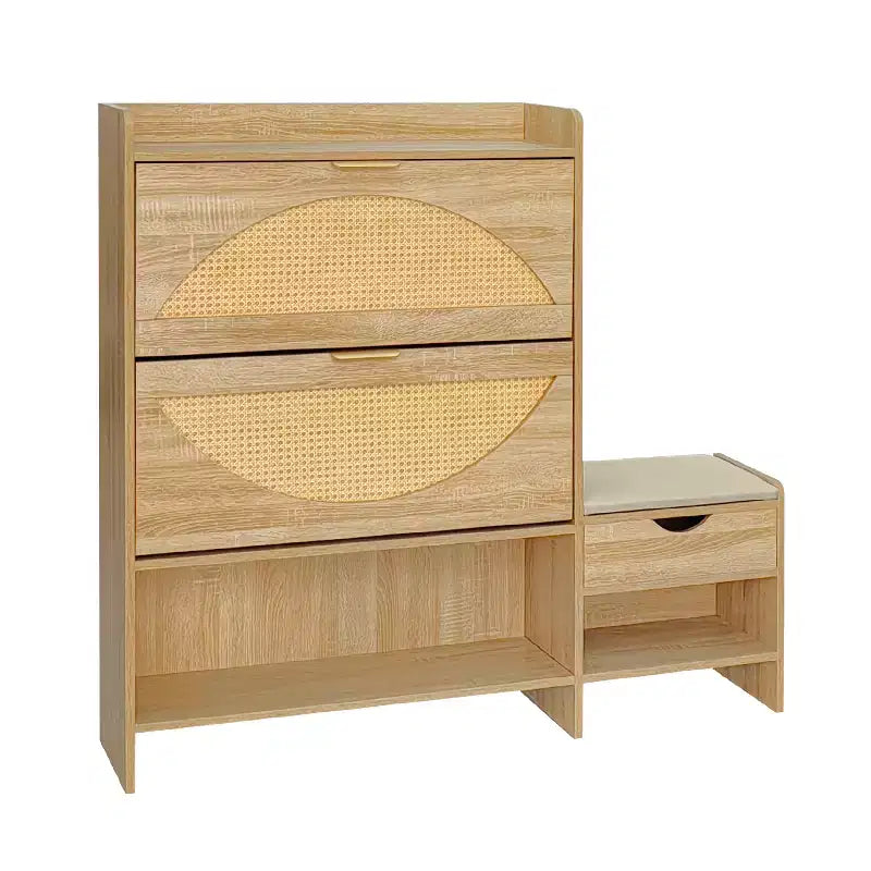 Shoe Storage Cabinet Rattan with 2 Flip Drawers, Storage Drawer and Bench for Entryway and Hallway, Light Brown