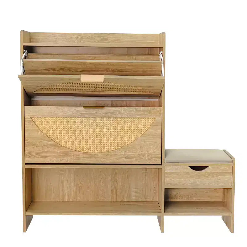 Shoe Storage Cabinet Rattan with 2 Flip Drawers, Storage Drawer and Bench for Entryway and Hallway, Light Brown