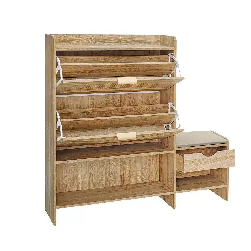 Shoe Storage Cabinet Rattan with 2 Flip Drawers, Storage Drawer and Bench for Entryway and Hallway, Light Brown