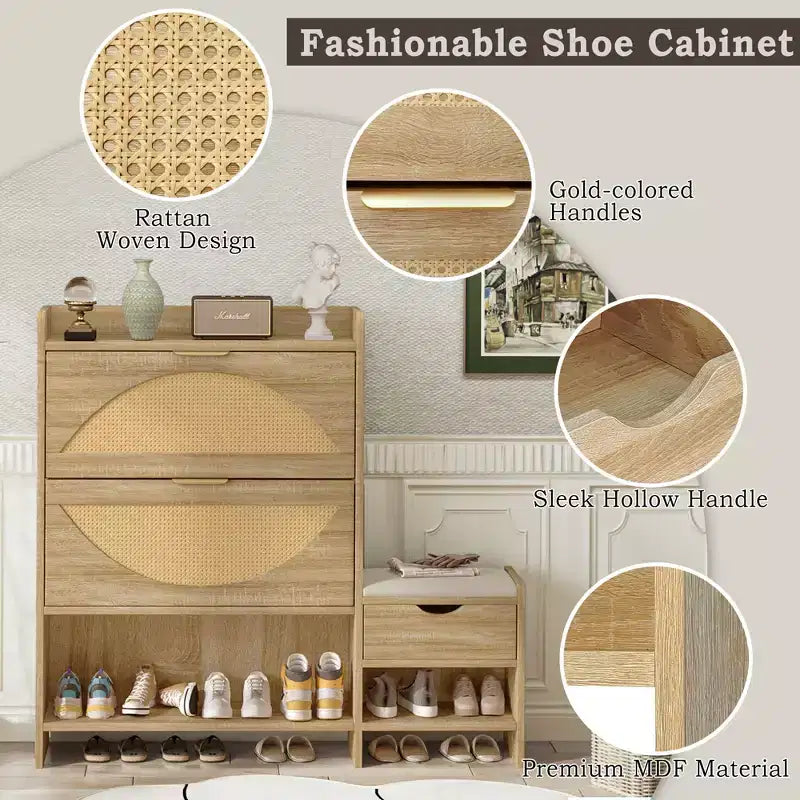 Shoe Storage Cabinet Rattan with 2 Flip Drawers, Storage Drawer and Bench for Entryway and Hallway, Light Brown