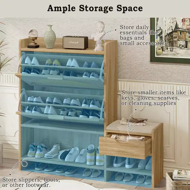 Shoe Storage Cabinet Rattan with 2 Flip Drawers, Storage Drawer and Bench for Entryway and Hallway, Light Brown