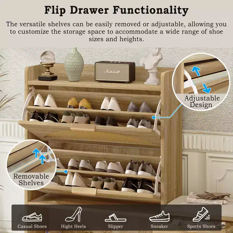 Shoe Storage Cabinet Rattan with 2 Flip Drawers, Storage Drawer and Bench for Entryway and Hallway, Light Brown