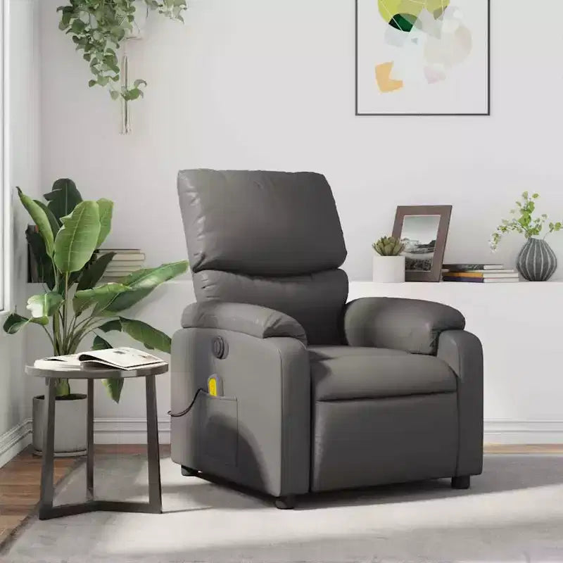Leather Massage Recliner Chair with 6-Point Vibration, Adjustable Back & Footrest, Side Pocket – Gray