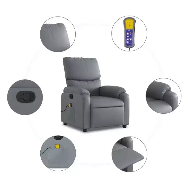 Leather Massage Recliner Chair with 6-Point Vibration, Adjustable Back & Footrest, Side Pocket – Gray