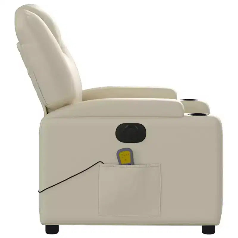 Electric Massage Recliner Chair - Cream Faux Leather Adjustable Lounge Armchair with Cup Holders