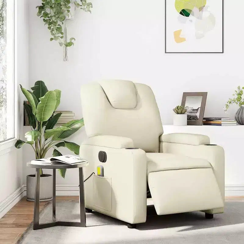 Electric Massage Recliner Chair - Cream Faux Leather Adjustable Lounge Armchair with Cup Holders