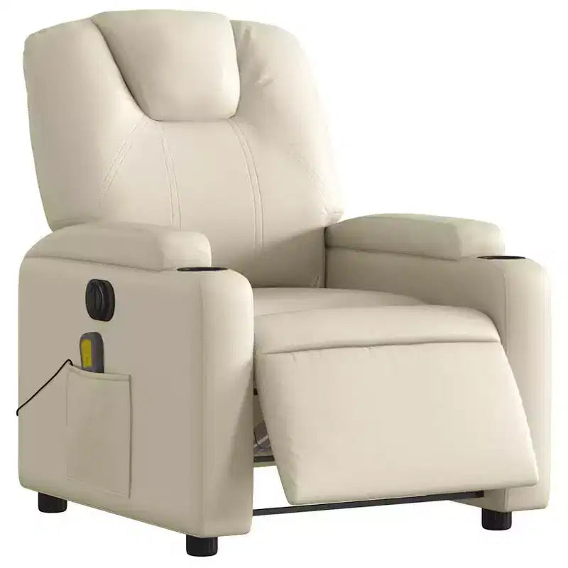 Electric Massage Recliner Chair - Cream Faux Leather Adjustable Lounge Armchair with Cup Holders