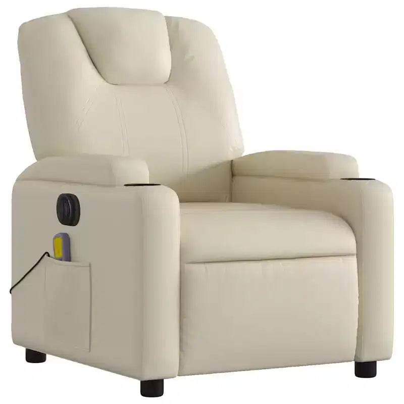 Electric Massage Recliner Chair - Cream Faux Leather Adjustable Lounge Armchair with Cup Holders