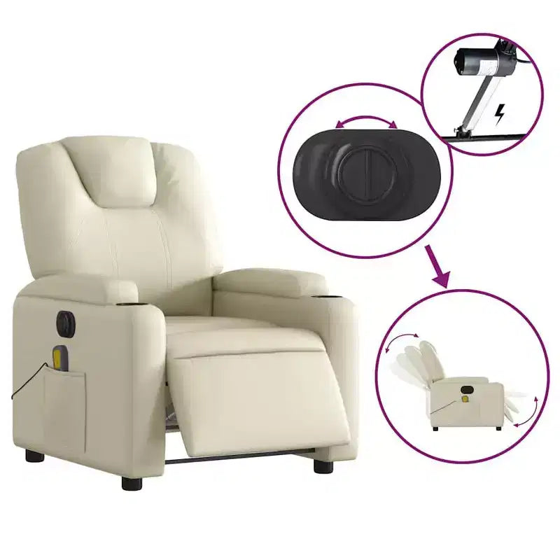 Electric Massage Recliner Chair - Cream Faux Leather Adjustable Lounge Armchair with Cup Holders