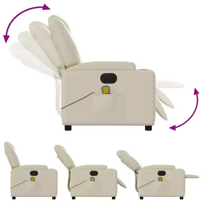 Electric Massage Recliner Chair - Cream Faux Leather Adjustable Lounge Armchair with Cup Holders
