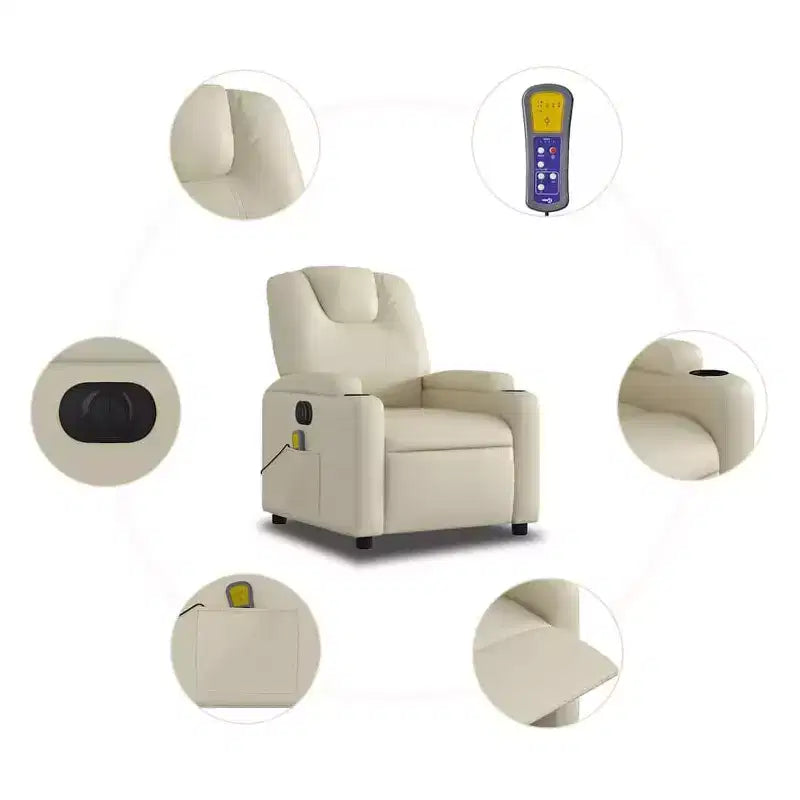 Electric Massage Recliner Chair - Cream Faux Leather Adjustable Lounge Armchair with Cup Holders