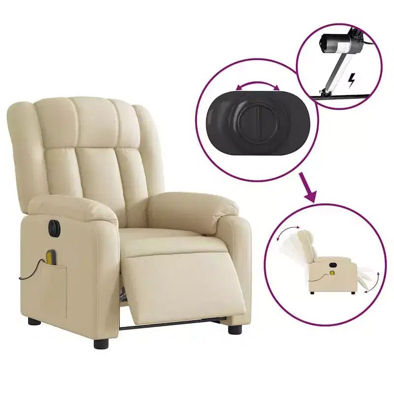 Cream Fabric Electric Massage Recliner - Auto-Adjusting Backrest & Footrest with Vibration Massage
