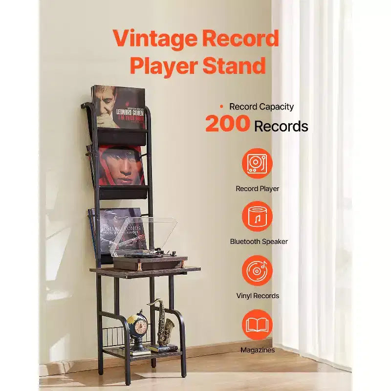 Record Player Stand, 5 Tiers Tall Vinyl Record with Charging Station & USB Ports, Holds up to 200 Albums, Turntable Stand, Black